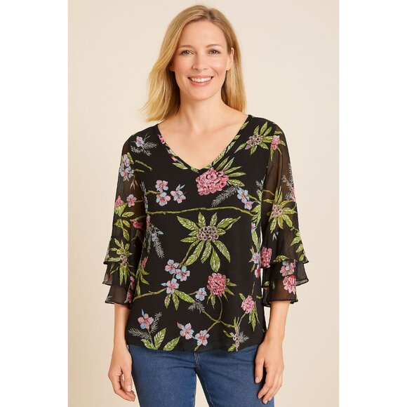 VTG Unique Spectrum Floral Chiffon Blouse X-Large Black Green Dark Cottagecore - Picture 1 of 7